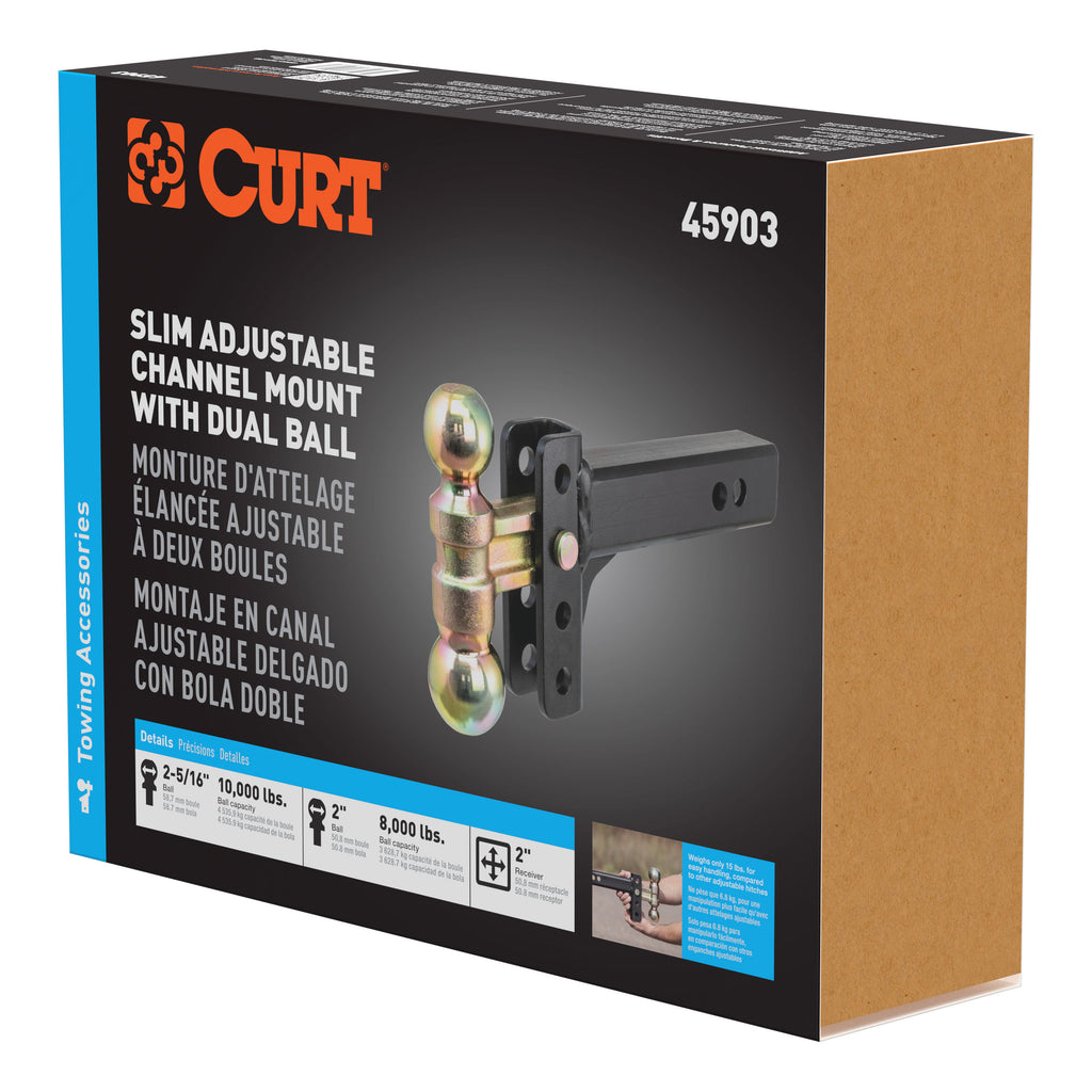 Slim Adjustable Channel Mount With Dual Ball (2" Shank 10K 3-3/4" Drop)